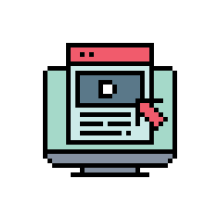 8-bit-style illustration of a computer using colors grey, green, and coral