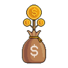 8-bit-style illustration of a money bag with coins coming out the top.