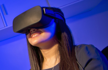 Woman wearing virtual reality glasses.