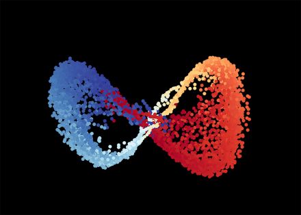 An infinity symbol formed by clusters of tiny, multicolored dots