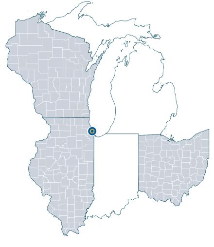Map of the region of service for the Great Lakes Water Innovation Engine: Illinois, Ohio and Wisconsin.