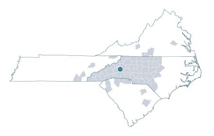 Map showing the region of service for the North Carolina Textile Innovation and Sustainability Engine: Western North Carolina with parts of South Carolina and Tennessee .