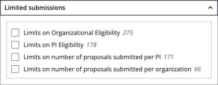 Limited submissions filter with four checkbox options for organizational, PI, and number of proposals