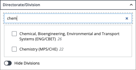 Hierarchical widget with chem in search field revealing two matching checkbox options