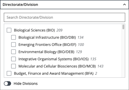 Directorate/Division filter with search box, scrollable checkbox tree, and hide divisions toggle