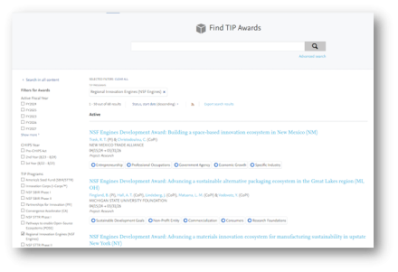 Awards page search results filtered to the Regional Innovation Engine TIP program. 