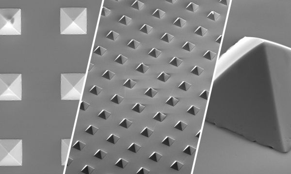 Three black and white images showing tiny pyramid shapes.