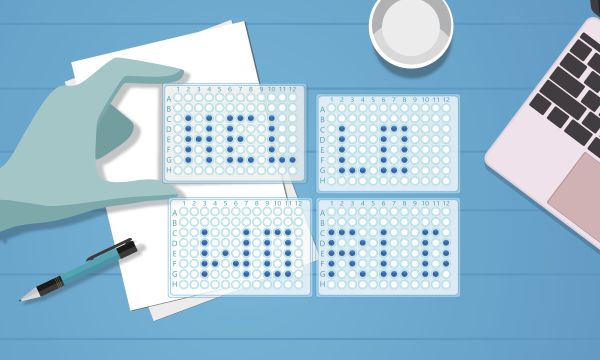 Illustration of a hand holding a 96-well plate next to three other plates. Blue liquid in the plates spell out the words "HELLO WORLD."
