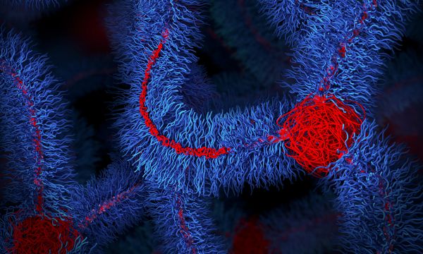 Illustration of polymer material at microscopic level with many squiggly blue lines
