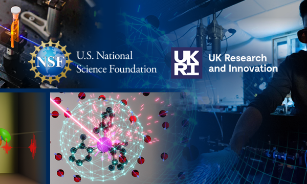 NSF and UKRI logos superimposed on a collage of several images depicting scientific research.
