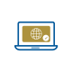 Simple illustration of a laptop displaying a globe and checkmark on its screen.