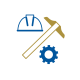 A hard hat, pickaxe and gear