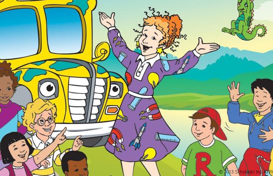 A cartoon illustration of a teacher and a group of students in front of a bus