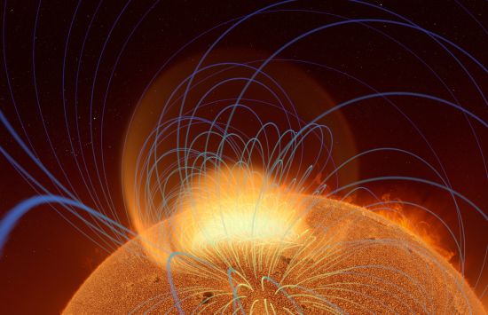 A tangle of magnetic fields rising from a sunspot region creates a coronal mass ejection in this simulation.