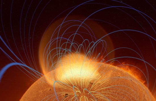 A tangle of magnetic fields rising from a sunspot region creates a coronal mass ejection in this simulation. 