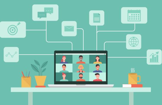 Graphic illustration of virtual meeting displayed on laptop computer