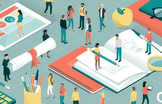 illustration of people amid large scale notebooks and pencils