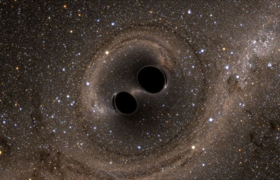 Computer illustration depicting two black holes merging