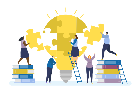 people creating a light bulb out of puzzle pieces