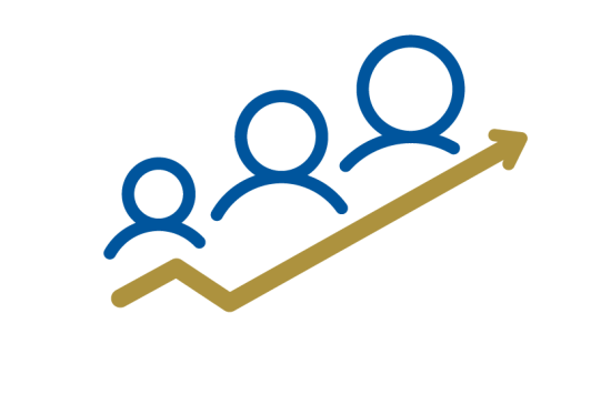 Three stylized figures with an arrow below them, pointing diagonally upward