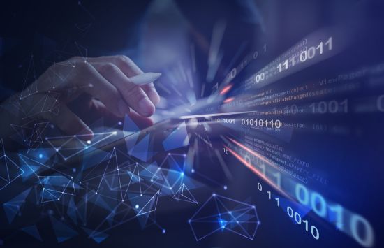 Man coding programmer, software developer working on digital tablet with binary, html computer code on virtual screen