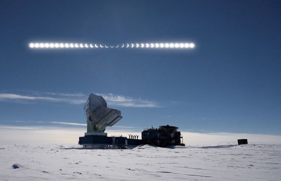 This is a composite image illustrating the 4 December 2021 partial solar eclipse as viewed at the South Pole