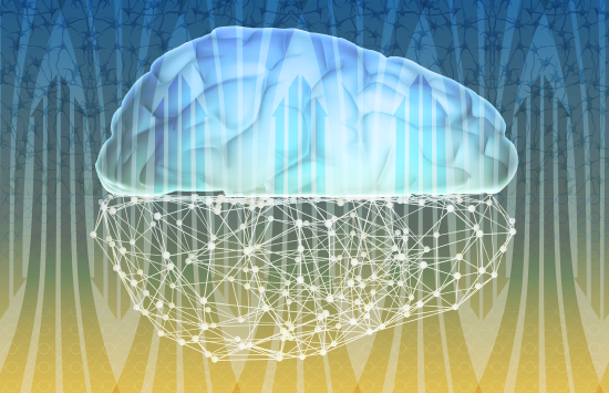 An illustration of a brain, where its bottom half is a series of interconnected dots.