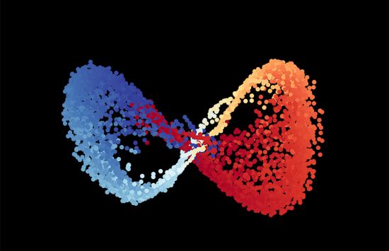 An infinity symbol formed by clusters of tiny, multicolored dots