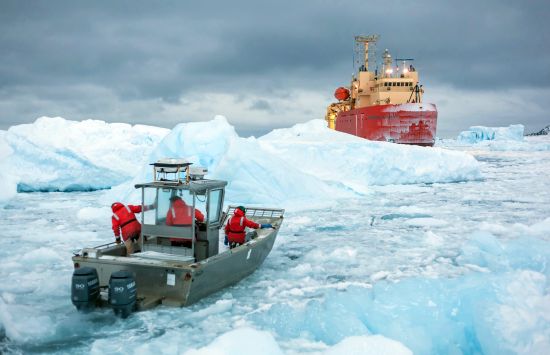 The research vessel Laurence M. Gould attempts to sail through ice-choked waters near Palmer Station off the Antarctic Peninsula.