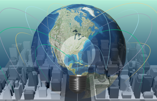 Illustration of an abstract cityscape, planet Earth and a lightbulb