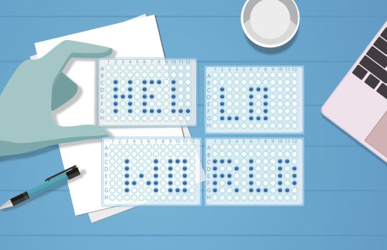 Illustration of a hand holding a 96-well plate next to three other plates. Blue liquid in the plates spell out the words "HELLO WORLD."