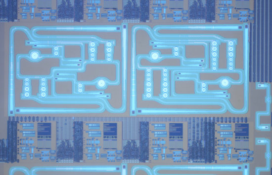 Macro view of a blue-toned silicon chip.