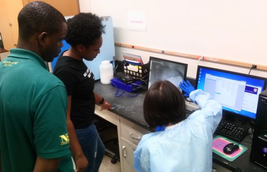 three students looking at computer screen