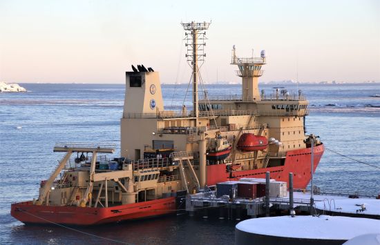 The research vessel Nathaniel B. Palmer at the NSF Palmer Station pier.
