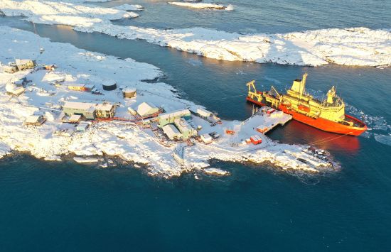 The research vessel Nathaniel B. Palmer (NBP) at the new NSF Palmer Station pier.