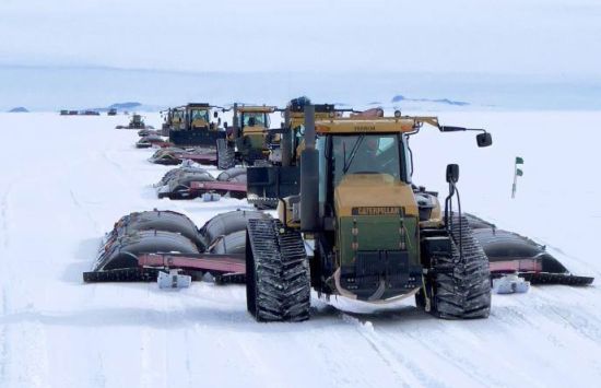 The South Pole Traverse makes its way across the Ross Ice Shelf, a slow 800-mile journey to deliver fuel to the South Pole.