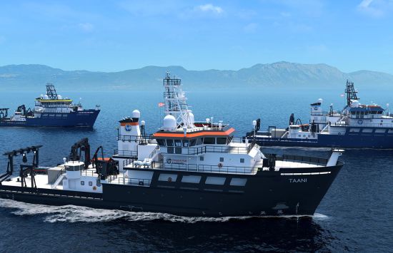 A realistic illustration showing three research ships.