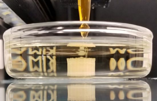 A small cube of white material being formed in a transparent dish by a 3D printer.