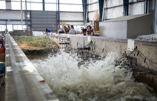 A long cement-sided pool in a warehouse. Chaotic waves crash in the foreground, with a sandy beach in the background.