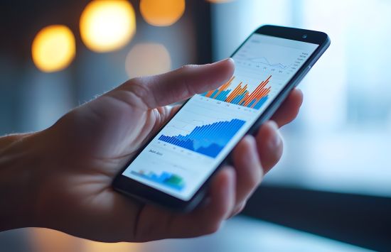 A close-up of a hand holding a smartphone displaying various data graphs and charts.