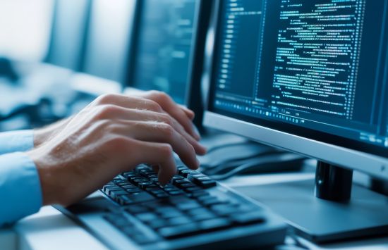 A close-up image of hands typing on a computer keyboard.