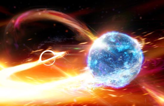 A glowing blue sphere in the foreground, with the glowing accretion disc surrounding a black hole in the background.
