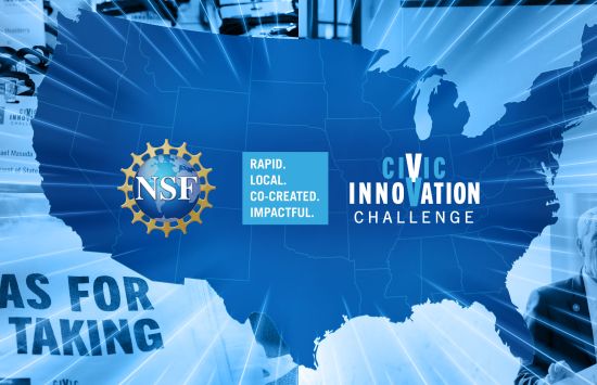 A composite image. CIVIC Forum 2024. Top Left: Name tags for CIVIC Forum 2024. Top Right: Banner for event. Bottom left: Tote bag with tagline for CIVIC Forum 2024. Bottom Right: Greg Hager, AD for CISE, speaking at CIVIC Forum 2024.