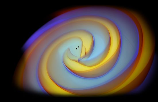 Spiraling swirls of yellow and blue surround two small black dots in the center of a dark field.