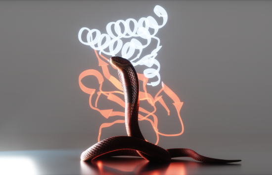 Computer illustration of a cobra against a background of swirling white and orange ribbon-like lines.