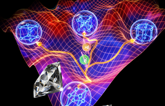 Illustration of quantum states, including a rippled surface and various round objects representing molecules.
