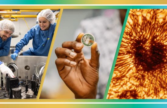 collage of imagery including two scientists, a small motherboard chip, and close up of black hole