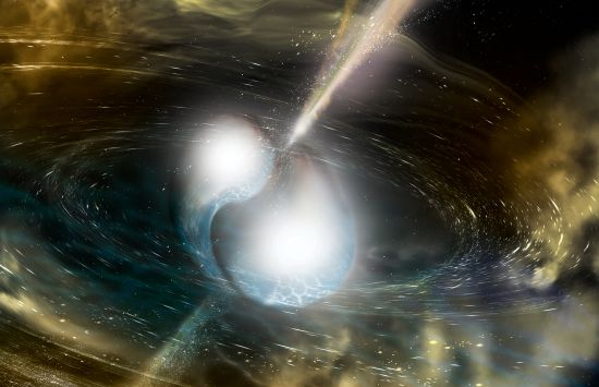 An illustration of two glowing neutron stars colliding