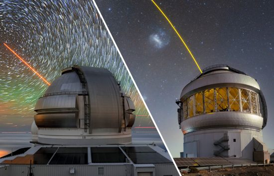 A split screen image showing two large observatories on mountains