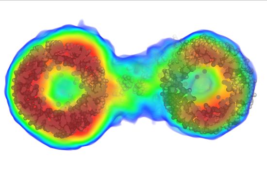 image of a biomolecule that reveals its intricate internal structure in orange, red and yellow
